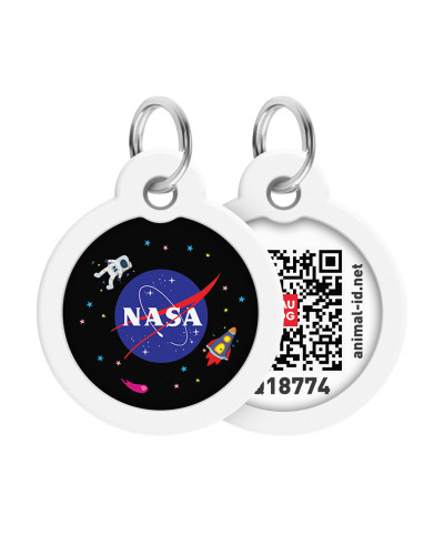 Адресник для собак і котів металевий WAUDOG Smart ID з QR паспортом, малюнок "NASA", коло, Д 30 мм