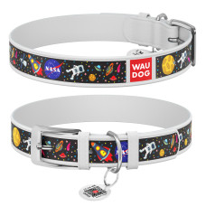 Нашийник для собак шкіряний WAUDOG Design з QR паспортом, малюнок "NASA", XL, Ш 35 мм, Дов 46-59 см, білий