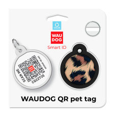 Адресник для собак і котів металевий WAUDOG Smart ID з QR паспортом, малюнок "Леопард", коло, Д 30 мм