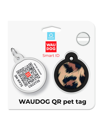 Адресник для собак і котів металевий WAUDOG Smart ID з QR паспортом, малюнок "Леопард", коло, Д 30 мм