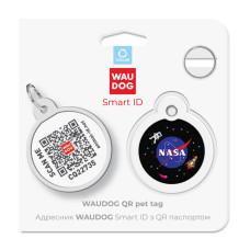 Адресник для собак і котів металевий WAUDOG Smart ID з QR паспортом, малюнок "NASA", коло, Д 30 мм