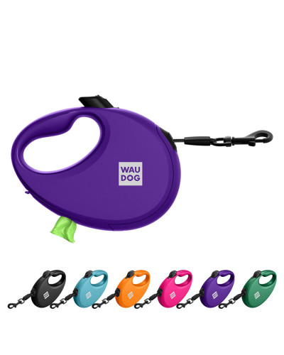 Повідець-рулетка для собак WAUDOG R-leash з контейнером для пакетів, світловідбивна стрічка, S, до 12 кг, 3 м, фіолетовий