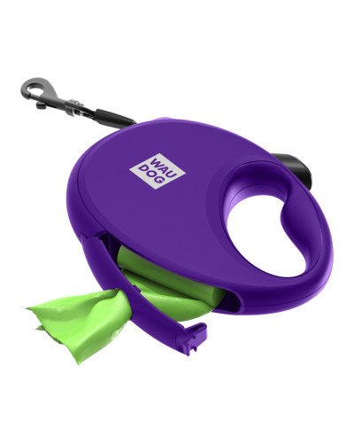 Повідець-рулетка для собак WAUDOG R-leash з контейнером для пакетів, світловідбивна стрічка, S, до 12 кг, 3 м, фіолетовий