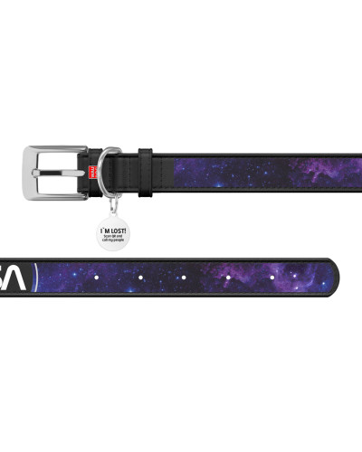 Нашийник для собак шкіряний WAUDOG Design з QR паспортом, малюнок "NASA21", XXS, Ш 12 мм, Д 18-24 см, чорний
