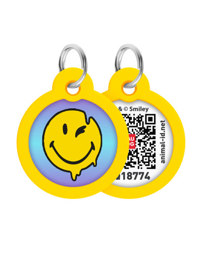 Адресник для собак і котів металевий WAUDOG Smart ID з QR паспортом, малюнок "Смайли на блакитному", коло, Д 30 мм