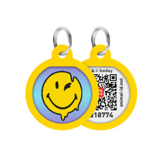Адресник для собак і котів металевий WAUDOG Smart ID з QR паспортом, малюнок "Смайли на блакитному", коло, Д 25 мм