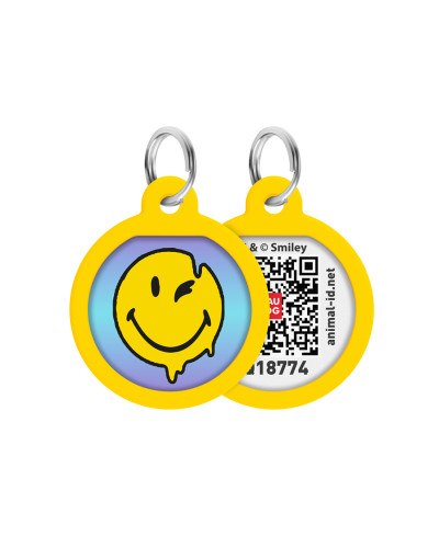 Адресник для собак і котів металевий WAUDOG Smart ID з QR паспортом, малюнок "Смайли на блакитному", коло, Д 25 мм