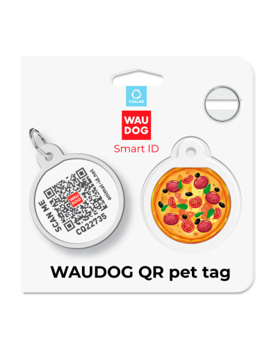 Адресник для собак і котів металевий WAUDOG Smart ID з QR паспортом, малюнок "Піца", коло, Д 25 мм