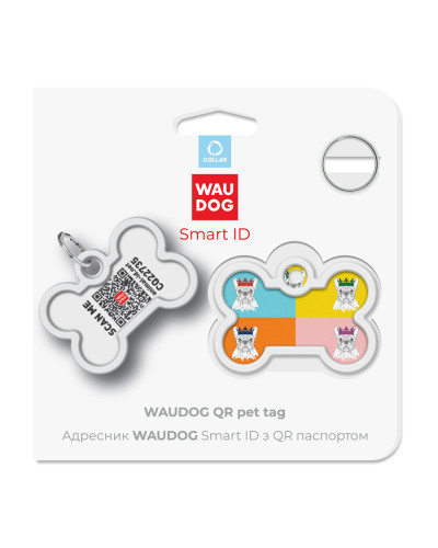 Адресник для собак і котів металевий WAUDOG Smart ID з QR паспортом, малюнок "Французький бульдог", кістка, Д 40 мм, Ш 28 мм