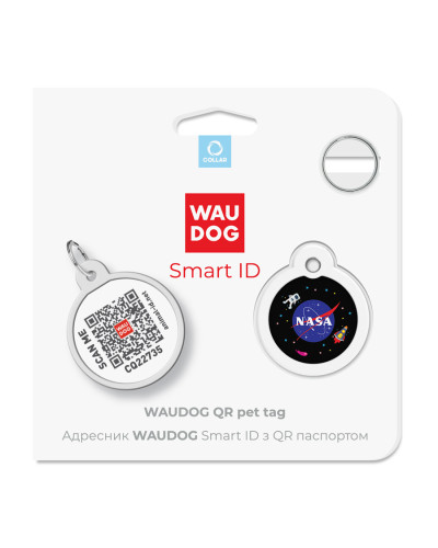 Адресник для собак та котів металічний WAUDOG Smart ID з QR паспортом, малюнок "NASA", круг, Д 25 мм