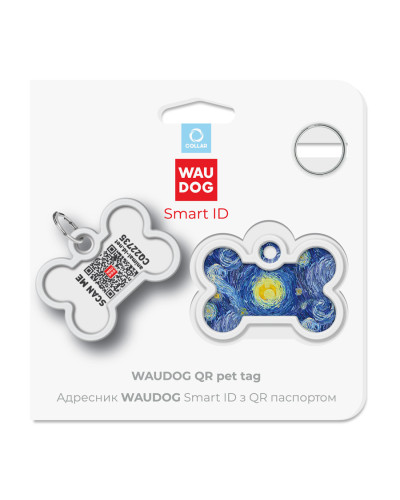 Адресник для собак і котів металевий WAUDOG Smart ID з QR паспортом, малюнок "Водяні лілії", кістка, Д 40 мм, Ш 28 мм