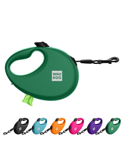 Повідець-рулетка для собак WAUDOG R-leash з контейнером для пакетів, світловідбивна стрічка, S, до 12 кг, 3 м, зелений
