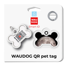 Адресник для собак і котів металевий WAUDOG Smart ID з QR паспортом, малюнок "Місяць", кістка, Д 40 мм, Ш 28 мм