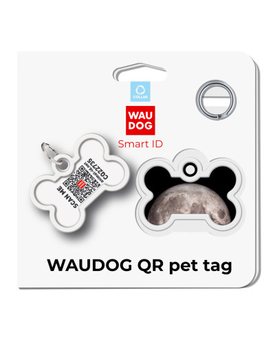 Адресник для собак і котів металевий WAUDOG Smart ID з QR паспортом, малюнок "Місяць", кістка, Д 40 мм, Ш 28 мм