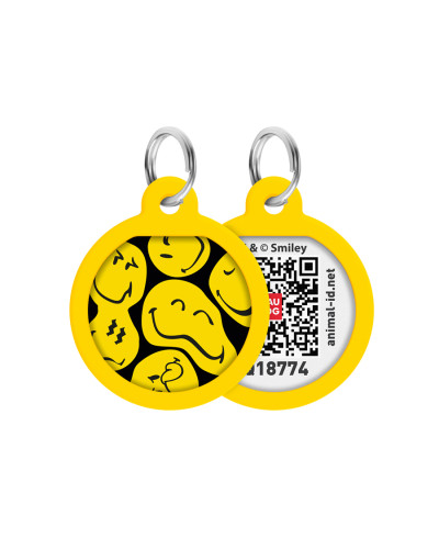 Адресник для собак і котів металевий WAUDOG Smart ID з QR паспортом, малюнок "Смайли на чорному", коло, Д 25 мм