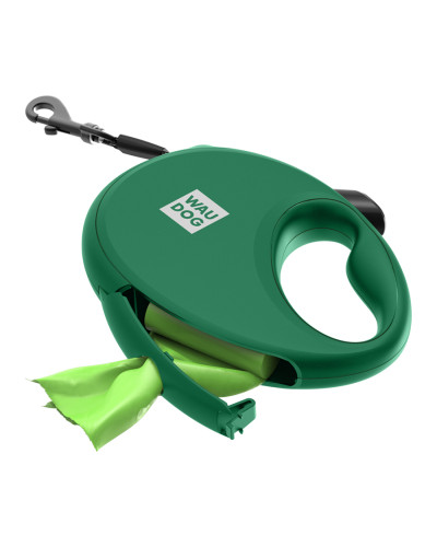 Повідець-рулетка для собак WAUDOG R-leash з контейнером для пакетів, світловідбивна стрічка, S, до 12 кг, 3 м, зелений