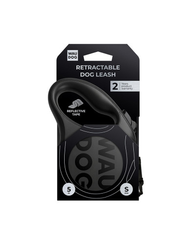 Повідець-рулетка для собак WAUDOG R-leash Monochrome Black, S, до 15 кг, 5 м, світловідбивна стрічка, чорна
