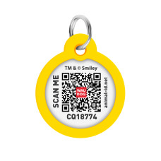 Адресник для собак і котів металевий WAUDOG Smart ID з QR паспортом, малюнок "Смайли на рожевому", коло, Д 30 мм
