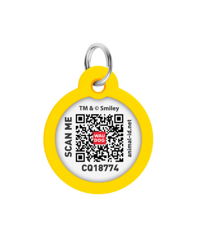 Адресник для собак і котів металевий WAUDOG Smart ID з QR паспортом, малюнок "Смайли на рожевому", коло, Д 30 мм