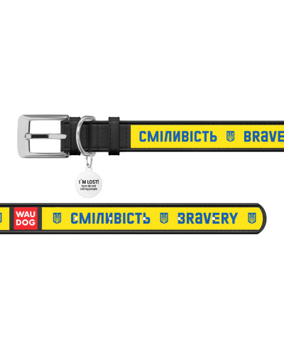 Нашийник для собак шкіряний WAUDOG Design з QR паспортом, малюнок "Сміливість", XL, Ш 35 мм, Дов 46-59 см, чорний