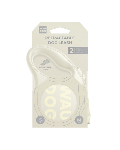 Повідець-рулетка для собак WAUDOG R-leash Monochrome White, M, до 25 кг, 5 м, світловідбивна стрічка, біла