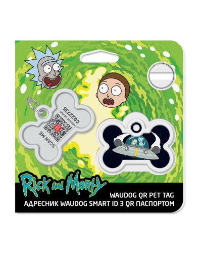 Адресник для собак і котів металевий WAUDOG Smart ID з QR паспортом, малюнок "Рік та Морті 1", кістка, Д 40 мм, Ш 28 мм