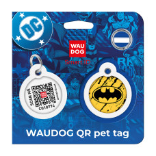 Адресник для собак і котів металевий WAUDOG Smart ID з QR паспортом, малюнок "Бетмен ескіз", коло, Д 30 мм