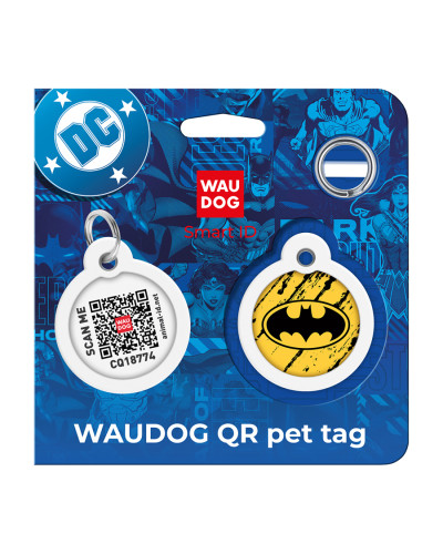 Адресник для собак і котів металевий WAUDOG Smart ID з QR паспортом, малюнок "Бетмен ескіз", коло, Д 30 мм