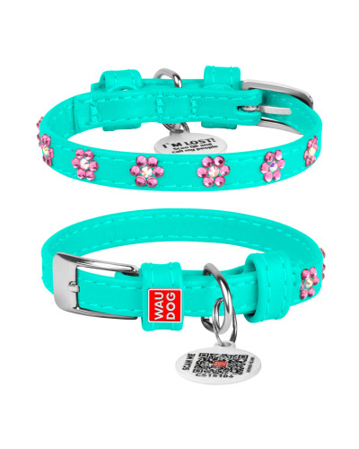 Нашийник для собак шкіряний WAUDOG Glamour з QR паспортом, з клейовими стразами "Квіти", Ш 12 мм, Дов 21-29 см ментоловий
