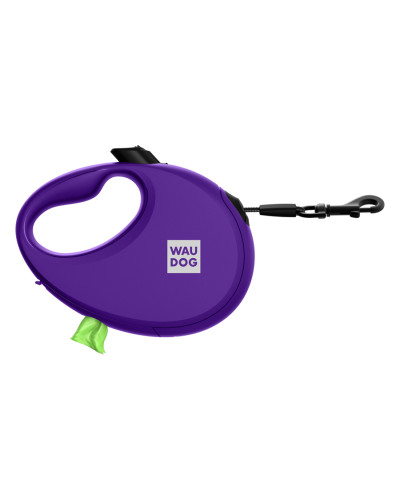 Повідець-рулетка для собак WAUDOG R-leash з контейнером для пакетів, світловідбивна стрічка, M, до 20 кг, 5 м, фіолетовий