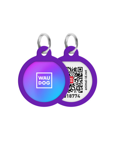 Адресник для собак і котів металевий WAUDOG Smart ID з QR паспортом, малюнок "Градієнт фіолетовий", коло, Д 25 мм