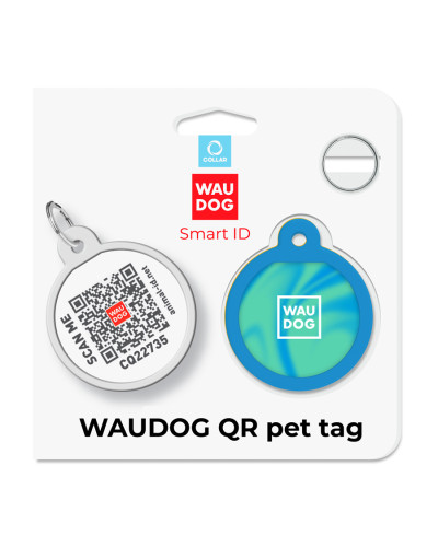 Адресник для собак і котів металевий WAUDOG Smart ID з QR паспортом, малюнок "Градієнт блакитний", коло, Д 25 мм