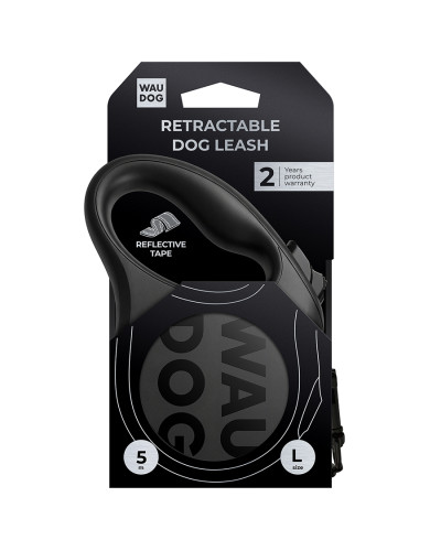 Повідець-рулетка для собак WAUDOG R-leash Monochrome Black, L, до 50 кг, 5 м, світловідбивна стрічка, чорна