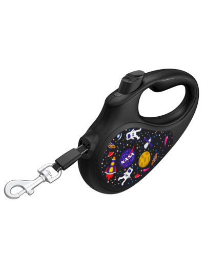 Повідець-рулетка для собак WAUDOG R-leash, малюнок "NASA", M, до 25 кг, 5 м, світловідбиваюча стрічка чорний