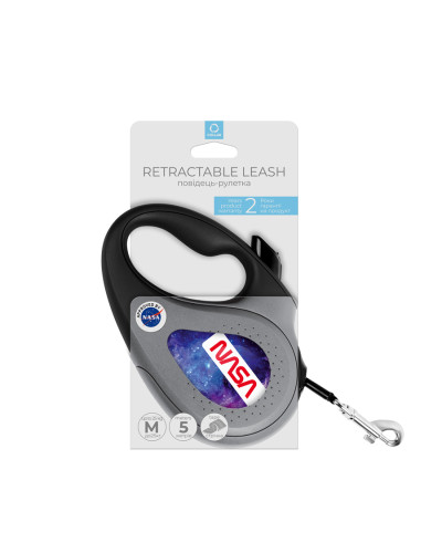 Повідець-рулетка для собак WAUDOG R-leash, малюнок "NASA21", M, до 25 кг, 5 м, світловідбиваюча стрічка чорний