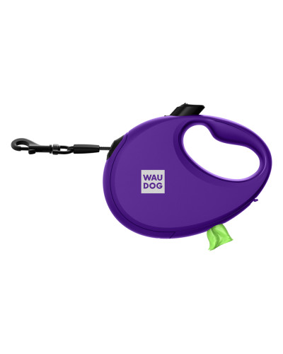 Повідець-рулетка для собак WAUDOG R-leash з контейнером для пакетів, світловідбивна стрічка, M, до 20 кг, 5 м, фіолетовий