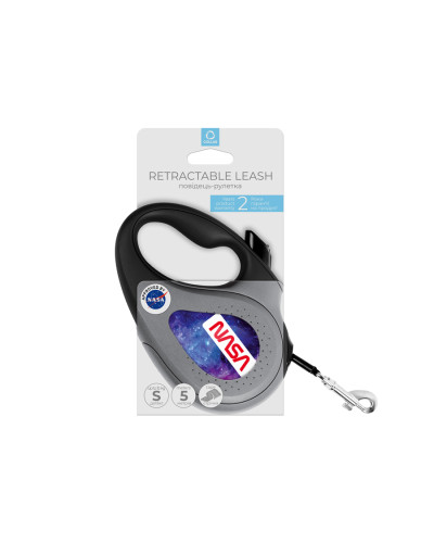 Повідець-рулетка для собак WAUDOG R-leash, малюнок "NASA21", S, до 15 кг, 5 м, світловідбиваюча стрічка чорний