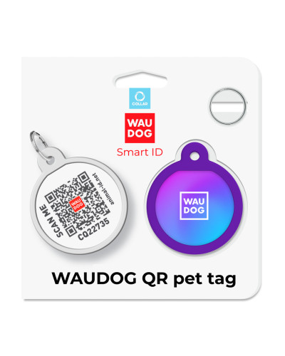Адресник для собак і котів металевий WAUDOG Smart ID з QR паспортом, малюнок "Градієнт фіолетовий", коло, Д 25 мм