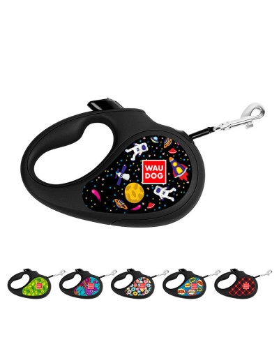 Повідець-рулетка для собак WAUDOG R-leash, малюнок "NASA", M, до 25 кг, 5 м, світловідбиваюча стрічка чорний
