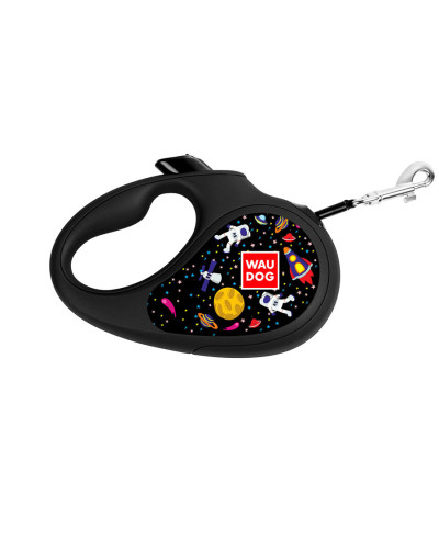 Повідець-рулетка для собак WAUDOG R-leash, малюнок "NASA", M, до 25 кг, 5 м, світловідбиваюча стрічка чорний