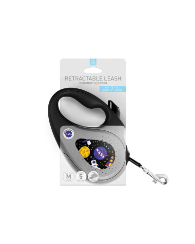 Повідець-рулетка для собак WAUDOG R-leash, малюнок "NASA", M, до 25 кг, 5 м, світловідбиваюча стрічка чорний